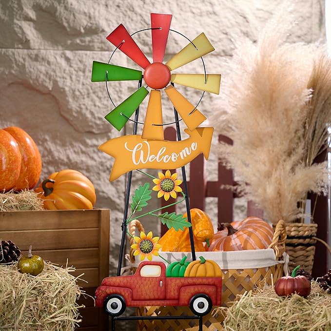 Fall Windmill Decor for Outdoor, Wind Spinner with Metal Pumpkin Sign for Yard Decorations, Harvest Car Welcome for Thanksgiving Decorations, Autumn Outdoor Decor, Patio 35&#x22;