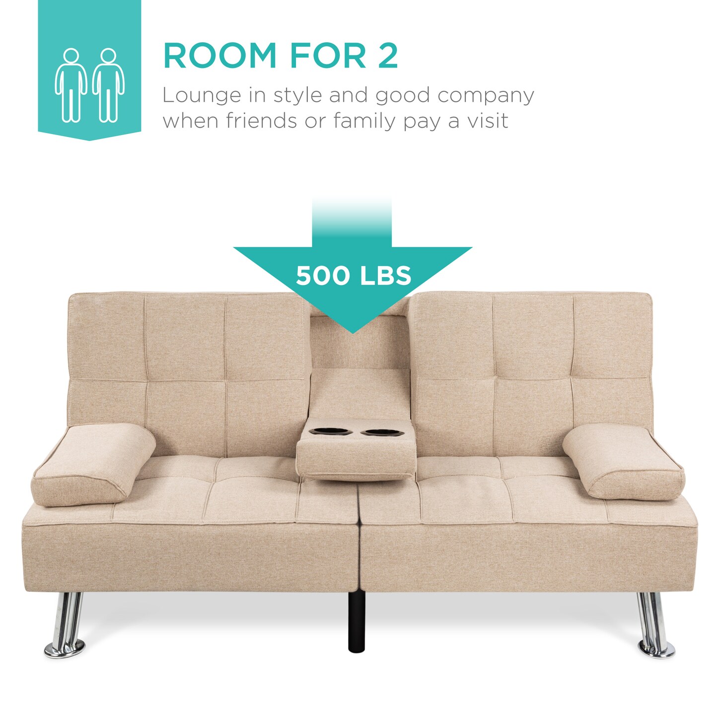 Best Choice Products Modern Linen Convertible Futon Sofa Bed w/ Removable Armrests, Metal Legs, Cupholders