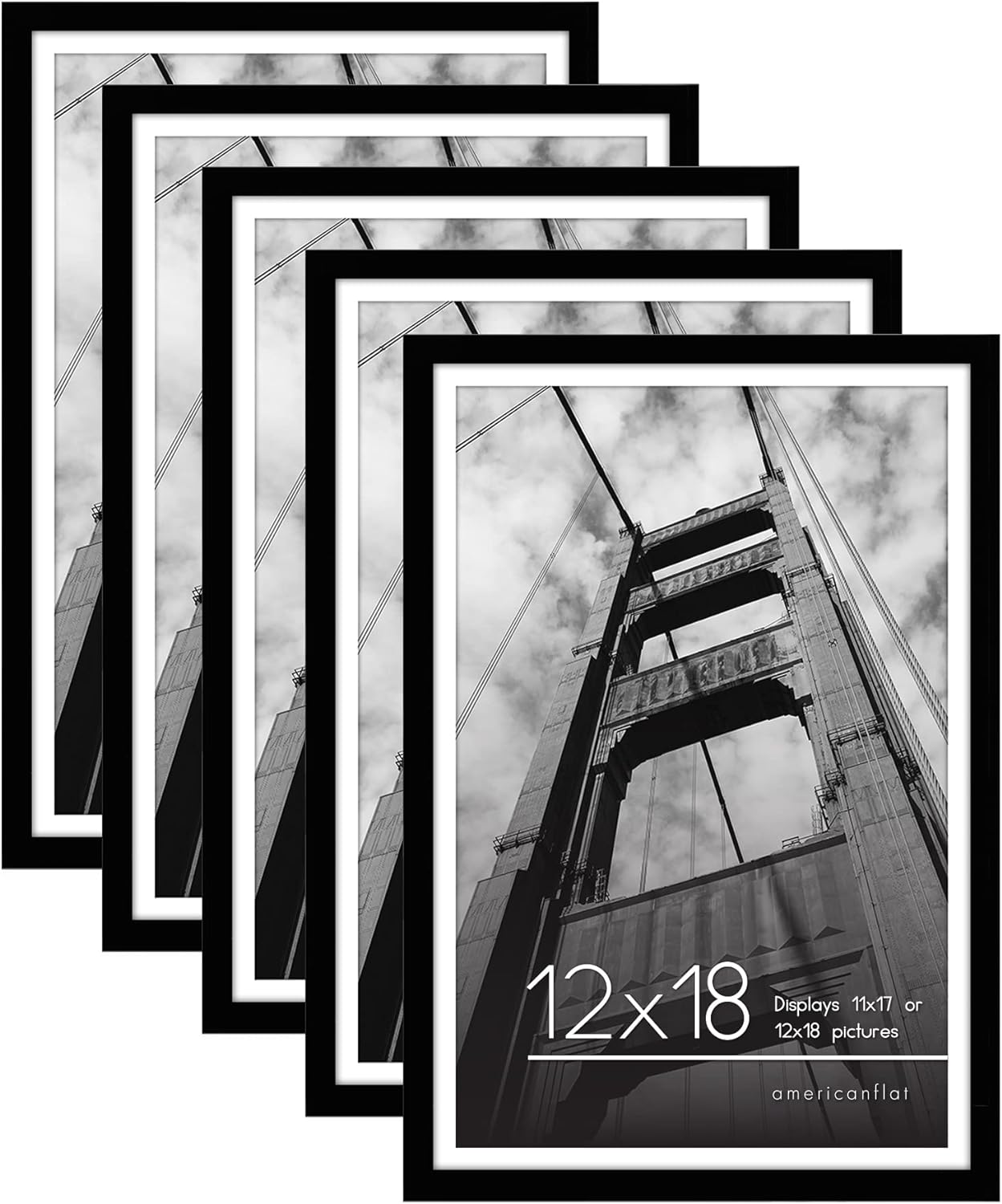 12x18 Poster Frame with Polished Plexiglass - Set of 5 - Use as an 11x17 Frame with Mat or a 12x18 Frame without Mat - Galleria Collection - Gallery Wall Frame Set for Wall Display in Black