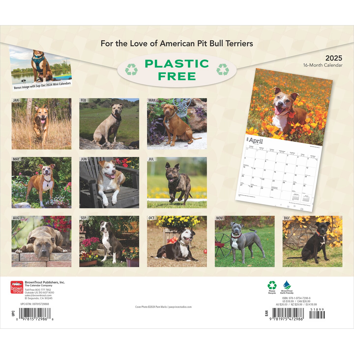 For the Love of American Pit Bull Terriers | 2025 14 x 24 Inch Monthly Deluxe Wall Calendar | Foil Stamped Cover | Plastic-Free | BrownTrout | Animal Dog Breeds