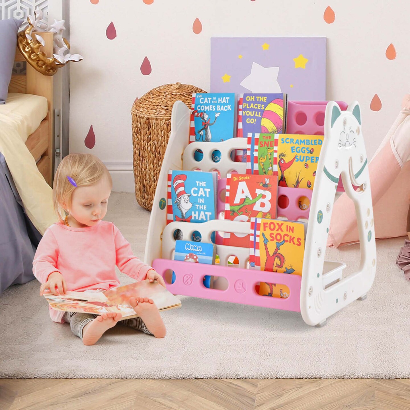 Costway 3-In-1 Kids Art Easel with Stool Magnetic Dry-Erase Board with Book Rack Blue/Green/Pink