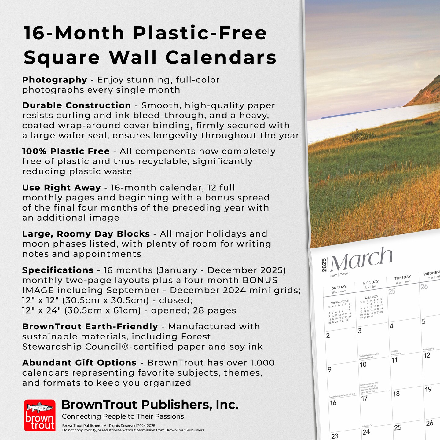 Michigan Coast | 2025 12 x 24 Inch Monthly Square Wall Calendar | Plastic-Free | BrownTrout | USA United States of America Midwest State Nature