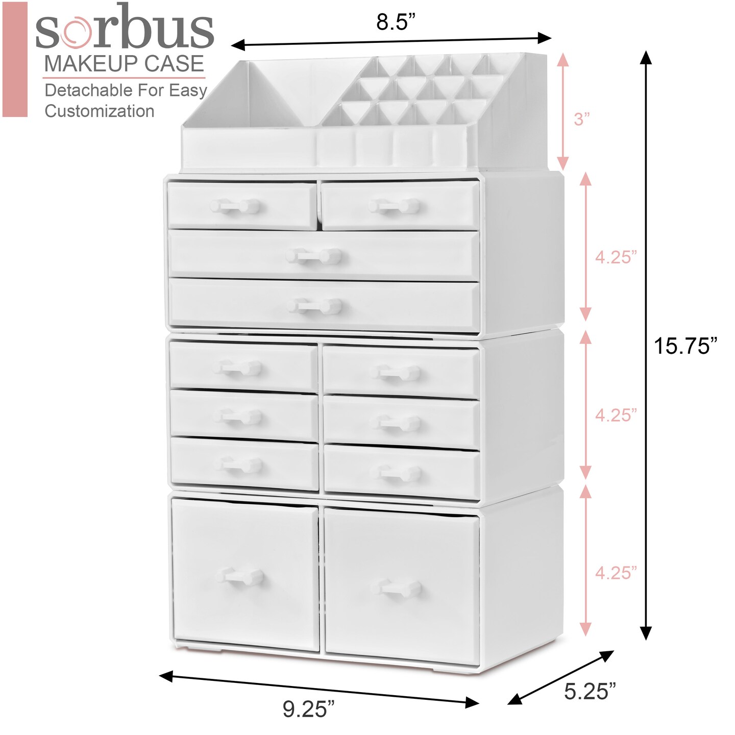 Sorbus Large Makeup Organizer - Stackable Jewelry, Cosmetics, and Skin Care Storage with 12 Drawers and Lipstick and Makeup Brush Holder