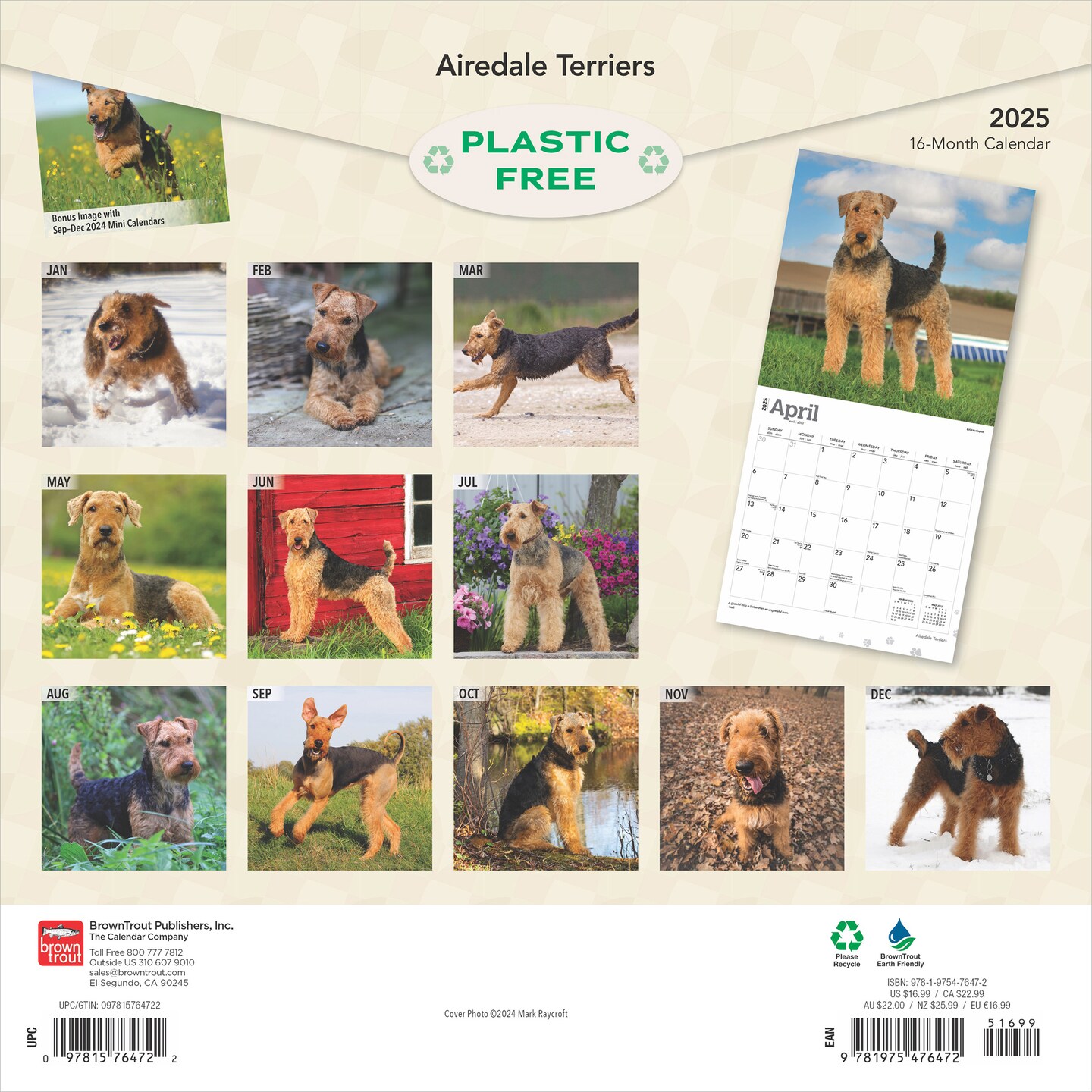 Airedale Terriers | 2025 12 x 24 Inch Monthly Square Wall Calendar | Plastic-Free | BrownTrout | Animal Dog Breeds