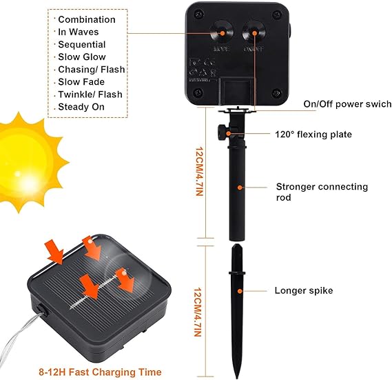 2 Pack Outdoor Solar String Lights, 39.4 FT 120 LED Solar Powered Decorative Fairy Lights with 8 Modes, Waterproof Black Wire Light for Thanksgiving, Patio, Yard, and Party, Orange