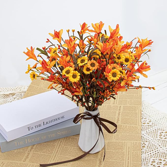 12 Artificial Fall Flowers 17 Inches Autumn Flower Arrangements Fall floral stems with daisies Forsythia Flowers Berry Branch for Vase Party Indoors Table Centrepieces Decorations