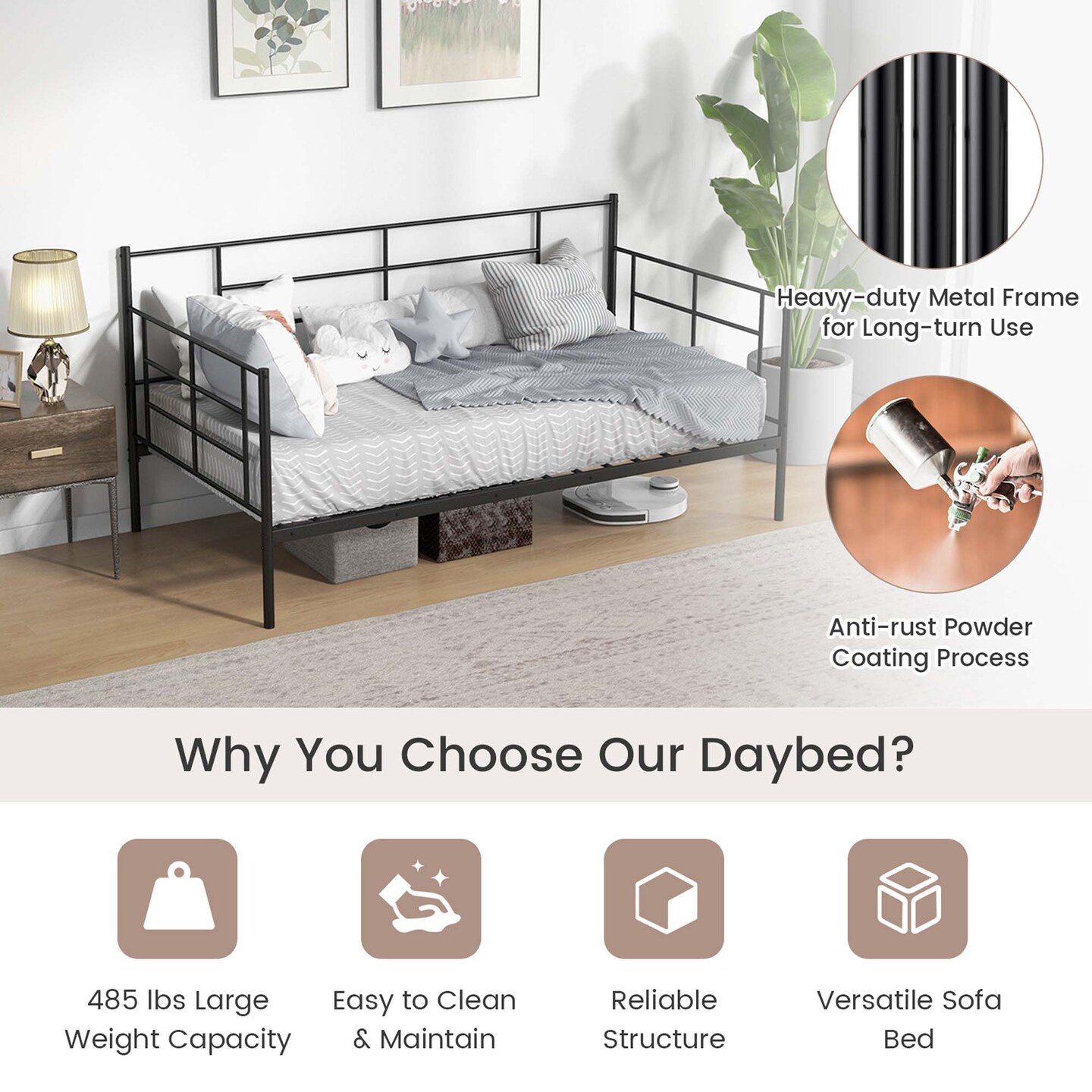 Costway Twin Size Metal Daybed Heavy Duty Sofa Bed Frame Mattress Foundation Black