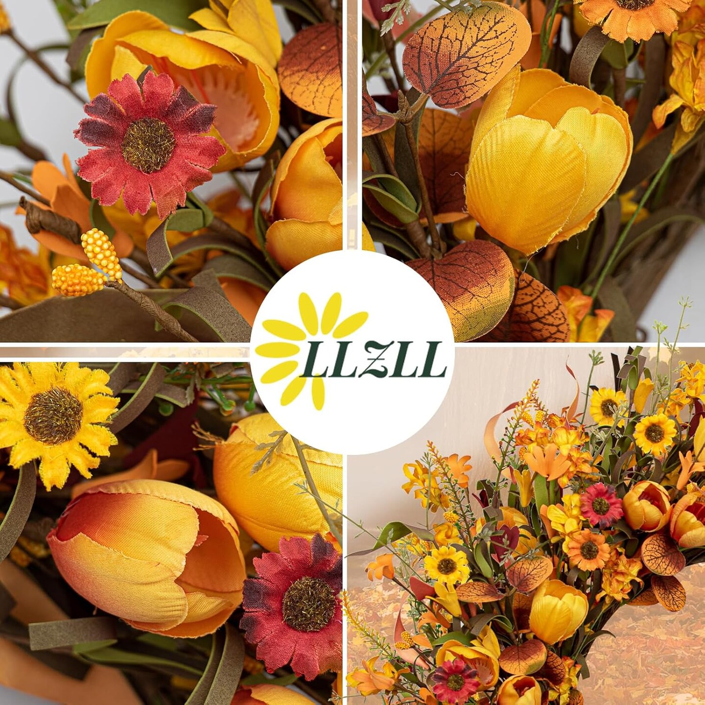 Fall Wreath 22 Inch Outdoor Front Door Artificial Autumn Wreath with Orange Tulip and Various Wildflowers for Thanksgiving Home Holiday Decorations
