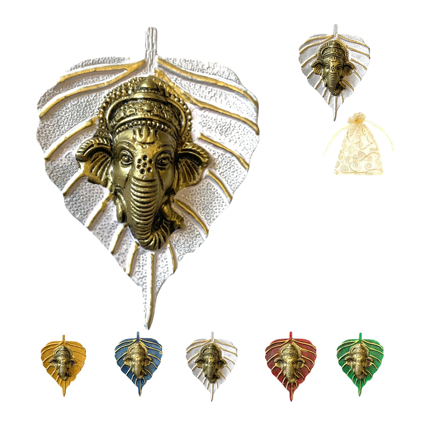 Metal Leaf Ganesha Diwali Decor Wall Hanging for Home & Office Housewarming Return Gift Pooja Favor Ganesha Decorative Wall Hanging Showpiece Pack of 1/2/5/25 Pcs