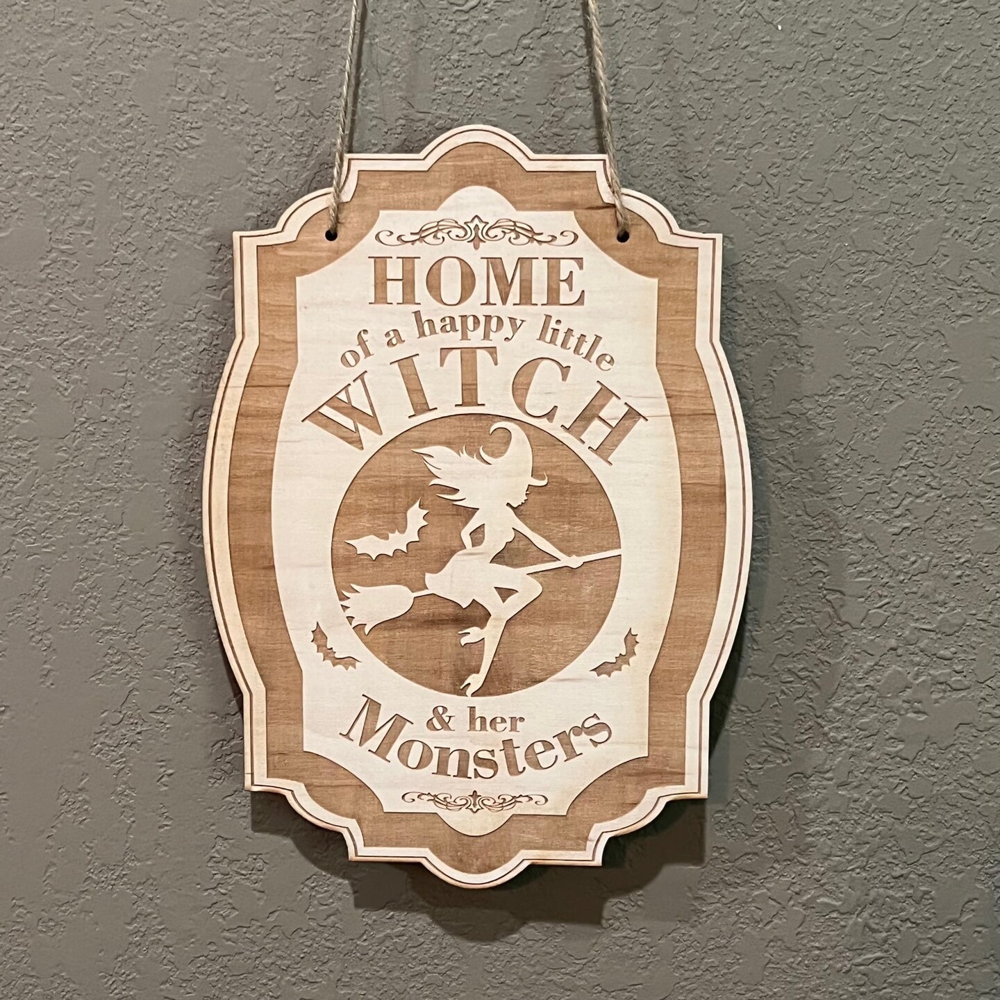 Home of a Happy Little Witch - Raw Wood Halloween Door Sign 7x9 Home of a Happy Little Witch - Raw Wood Halloween Door Sign 7x9