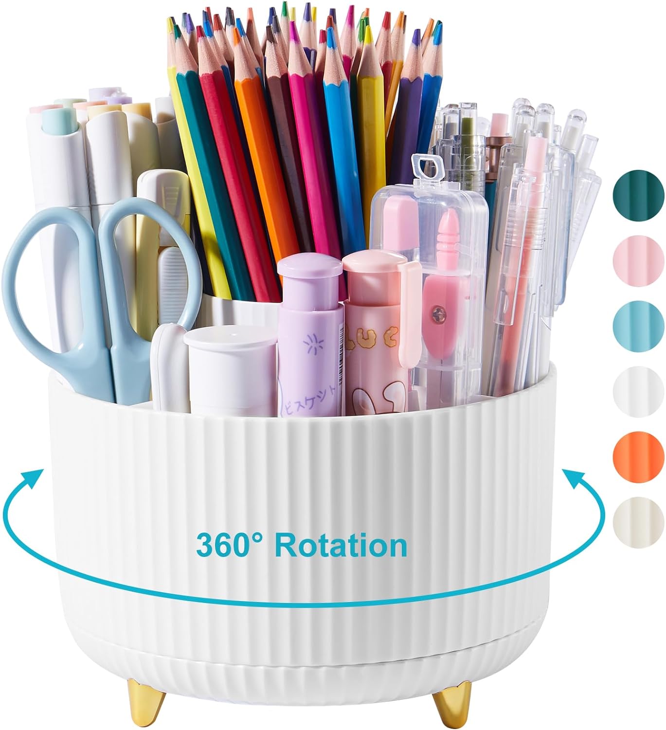 Desk Pencil Pen Holder, 5 Slots 360 Degree Rotating Desk Pen Organizer for Desk Desktop Storage Stationery Supplies White Cup Pot for Office, School, or Home Art Supplies