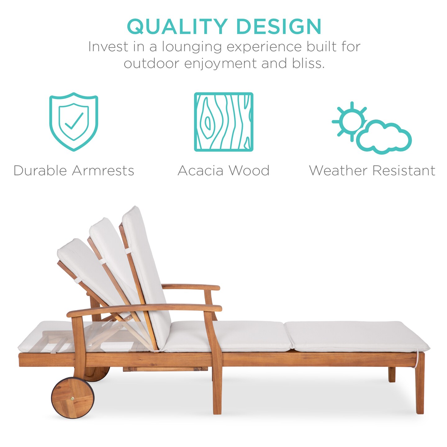 Best Choice Products 79x26in Acacia Wood Outdoor Chaise Lounge Chair w/ Adjustable Backrest, Table, Wheels