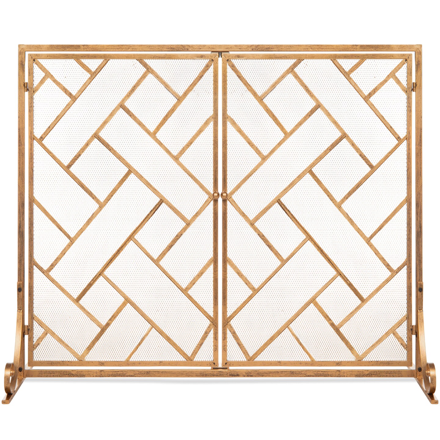 Best Choice Products 44x33in 2-Panel Handcrafted Wrought Iron Geometric Fireplace Screen w/ Magnetic Doors