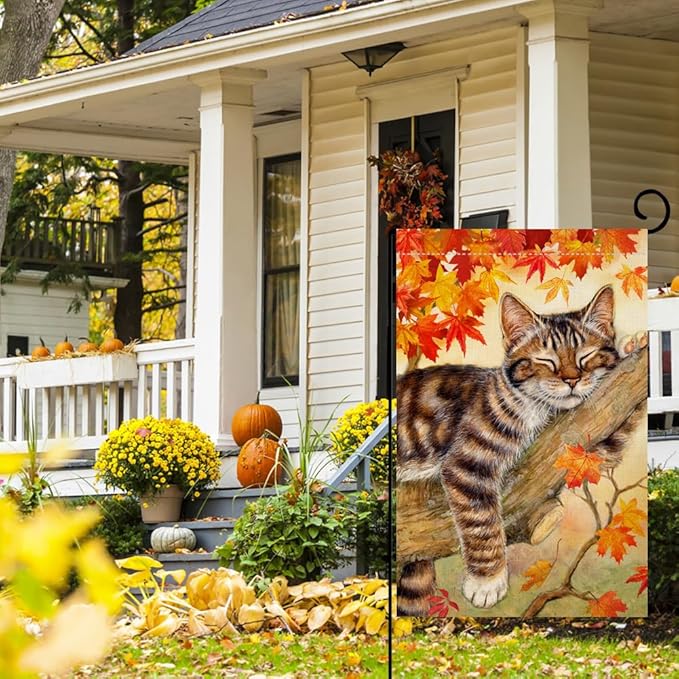 Fall Cat Garden Flag 12x18 Vertical Double Sided Autumn Leaves Thanksgiving Holiday Outdoor Decorations. Burlap Yard Flag, BW699