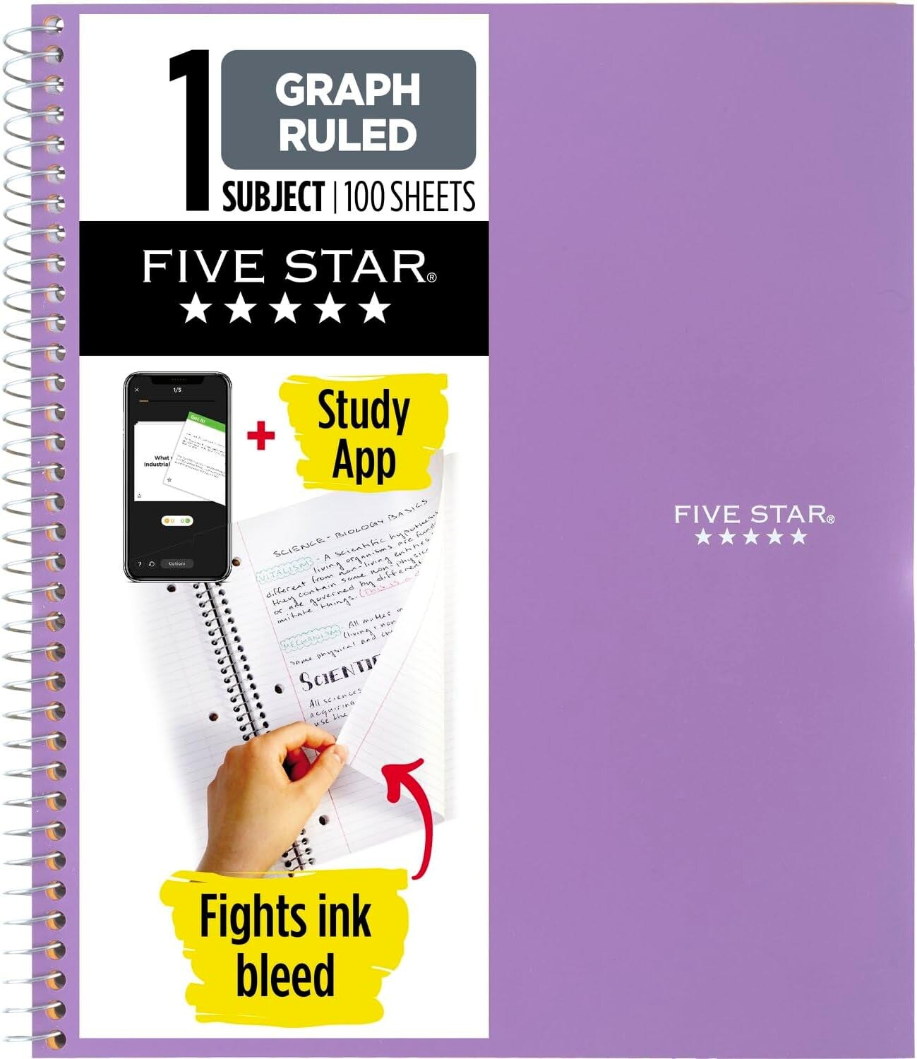 Spiral Notebook + Study App, 1 Subject, Graph Ruled Paper, Fights Ink Bleed, Water Resistant Cover, 8-1/2&#x22; X 11&#x22;, 100 Sheets, Amethyst Purple (620000CF1)