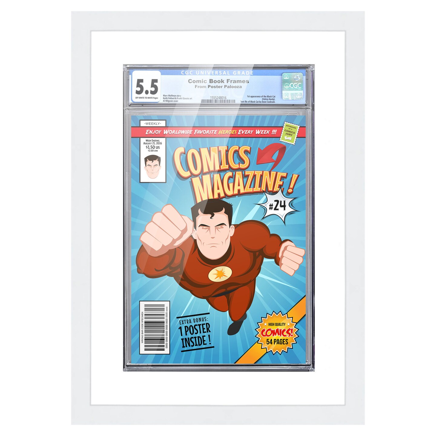 Comic Book Display Frame for Graded Comics - White Wood Comic Frame With White Mat for 8.125x13 Comics, 18 Frame Sizes