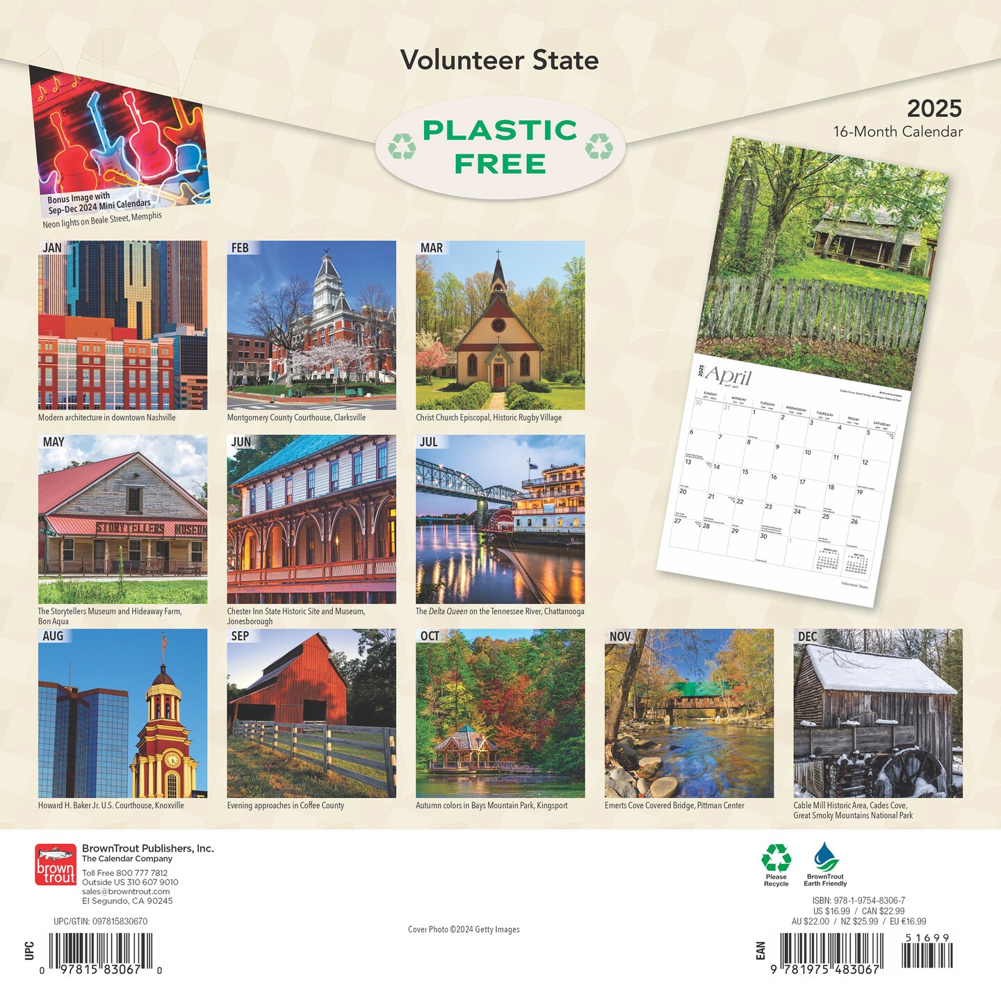 Volunteer State | Tennessee Places | 2025 12 x 24 Inch Monthly Square Wall Calendar | Plastic-Free | BrownTrout | USA United States of America Southeast State Nature