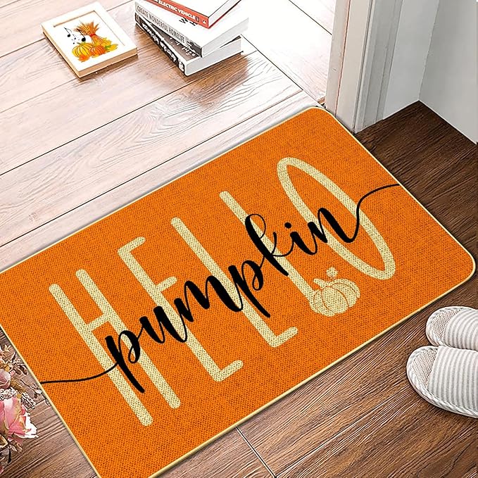 Hello Pumpkin Door Mat Welcome Decorative, Autumn Thankful Pumpkin Farmhouse Outdoor Indoor Patio Entrance Door Mats Low Profile Non Slip Outside Inside Floor Mat Rugs for Home Decor. 29x 17 Inch