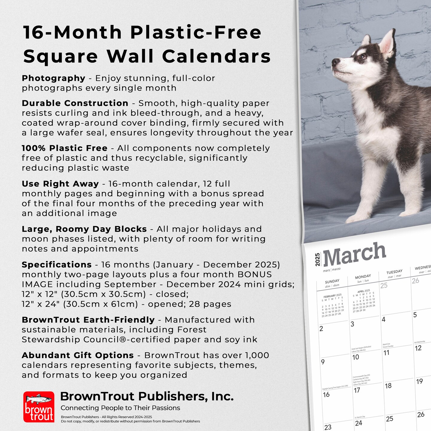 Siberian Husky Puppies | 2025 12 x 24 Inch Monthly Square Wall Calendar | Plastic-Free | BrownTrout | Animal Dog Breeds