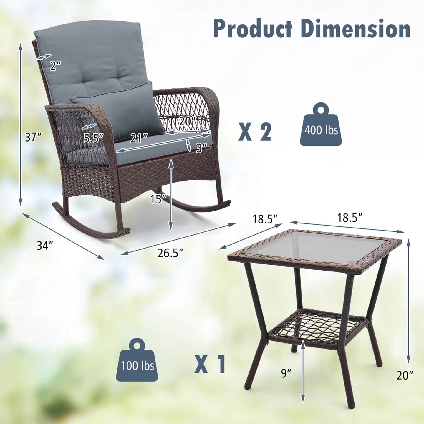 Costway 3 PCS Patio Rocker Set Outdoor Wicker Rocking Chairs with Double-Layer Coffee Table Gray/Navy/Beige/Red