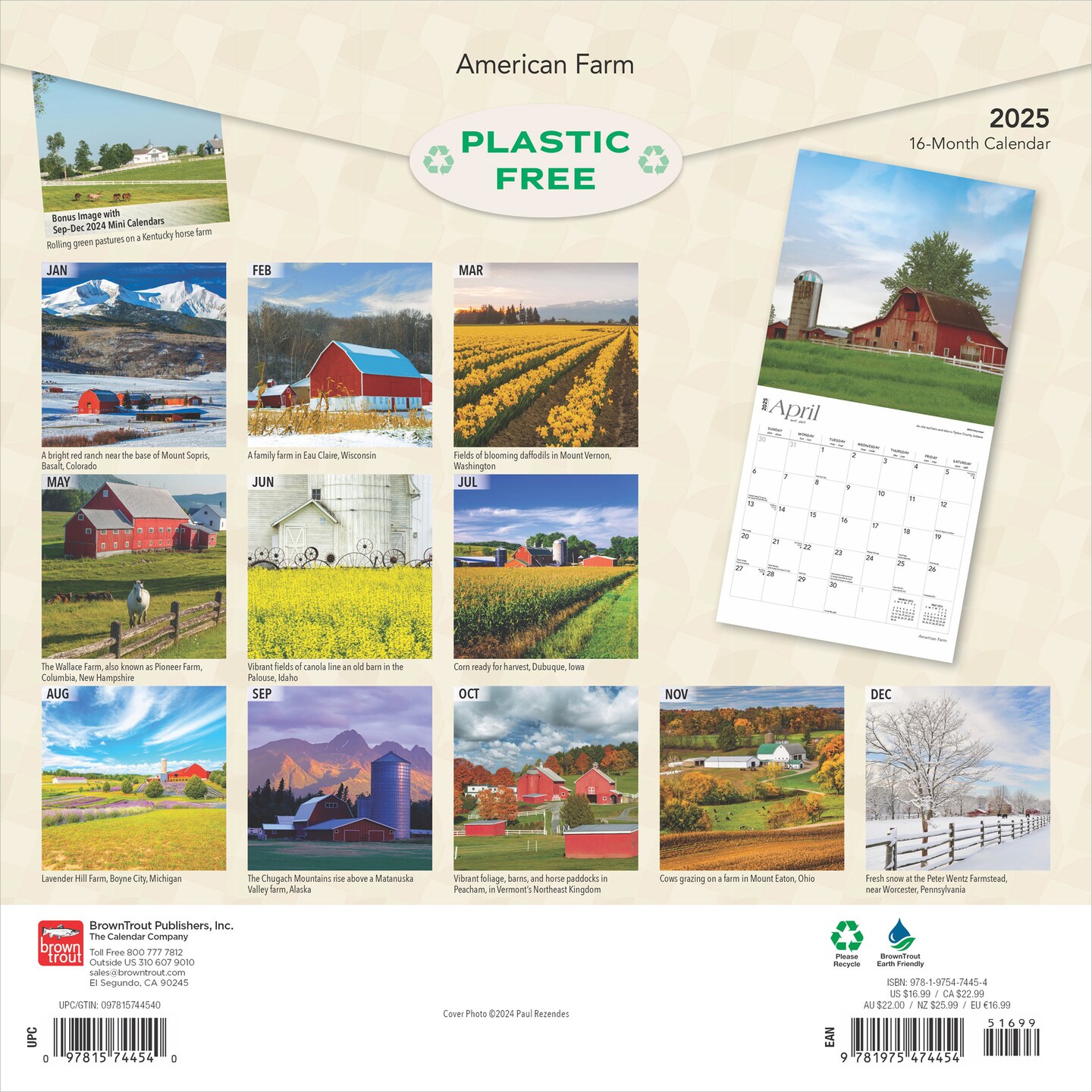 American Farm | 2025 12 x 24 Inch Monthly Square Wall Calendar | Plastic-Free | BrownTrout | USA United States Scenic Rural