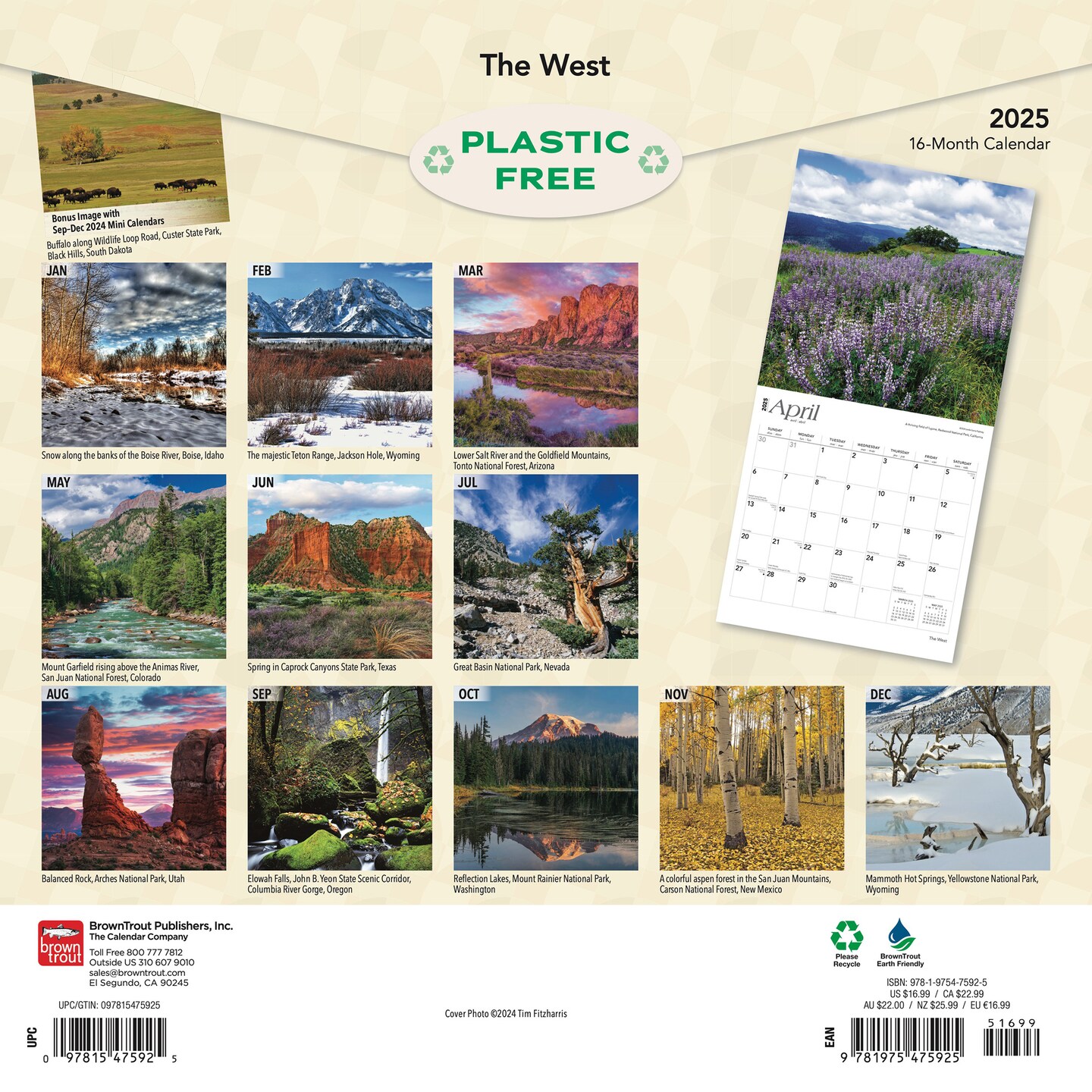 The West | 2025 12 x 24 Inch Monthly Square Wall Calendar | Plastic-Free | BrownTrout | USA United States of America Scenic Nature
