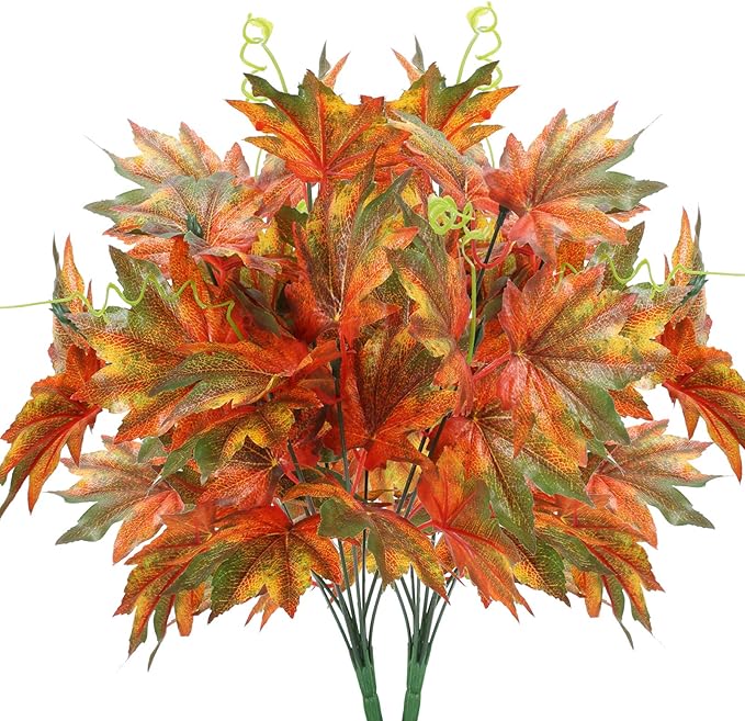 2pcs artificial silk maple leaf shrubs fake fall bushes autumn faux plants for indoor outdoor home kitchen living room dining table centerpieces decorations.