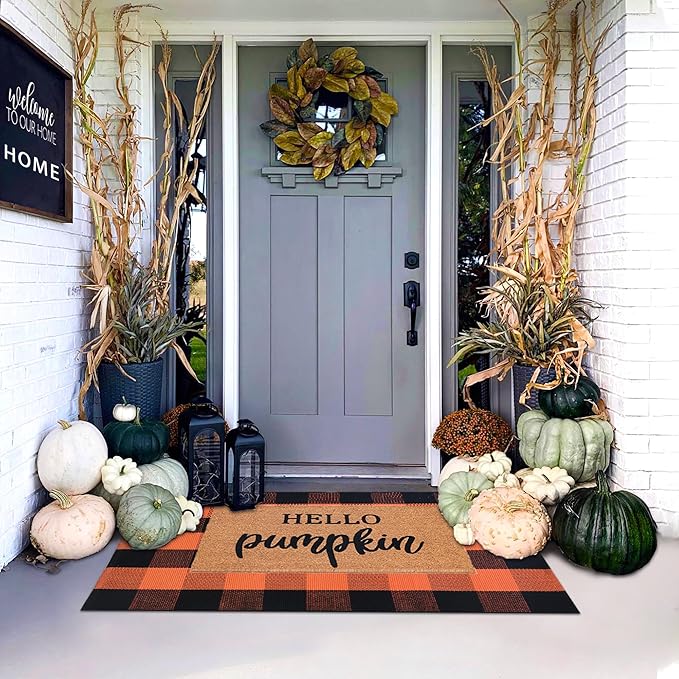 Orange and Black Plaid Rug, 28&#x22; x 43&#x22; Fall Outdoor Front Door Decor Mat, Cotton Washable Hand-Woven Rug for Layered Doormat, Autumn Halloween Thanksgiving Carpet for Porch or Entryway