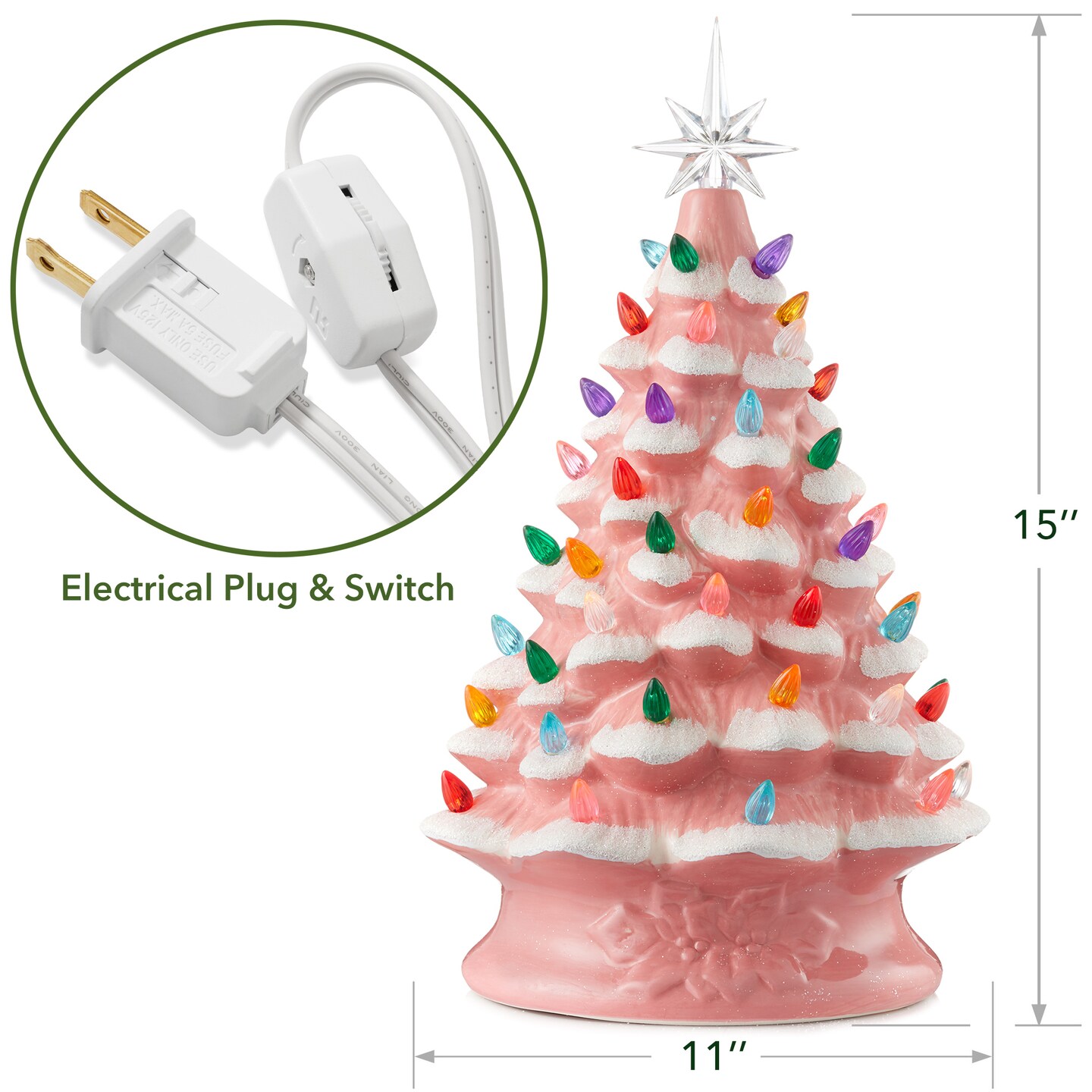 Casafield Hand Painted Ceramic Christmas Tree, Pink Snow Flocked 15-Inch Pre-Lit Tree with 128 Multi Color Lights and 2 Star Toppers