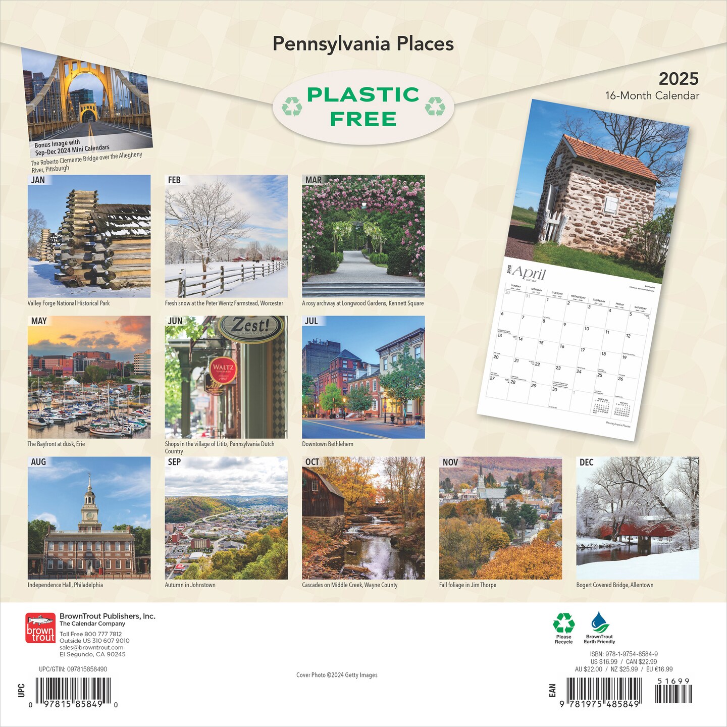 Pennsylvania Places | 2025 12 x 24 Inch Monthly Square Wall Calendar | Plastic-Free | BrownTrout | USA United States of America Northeast State Nature