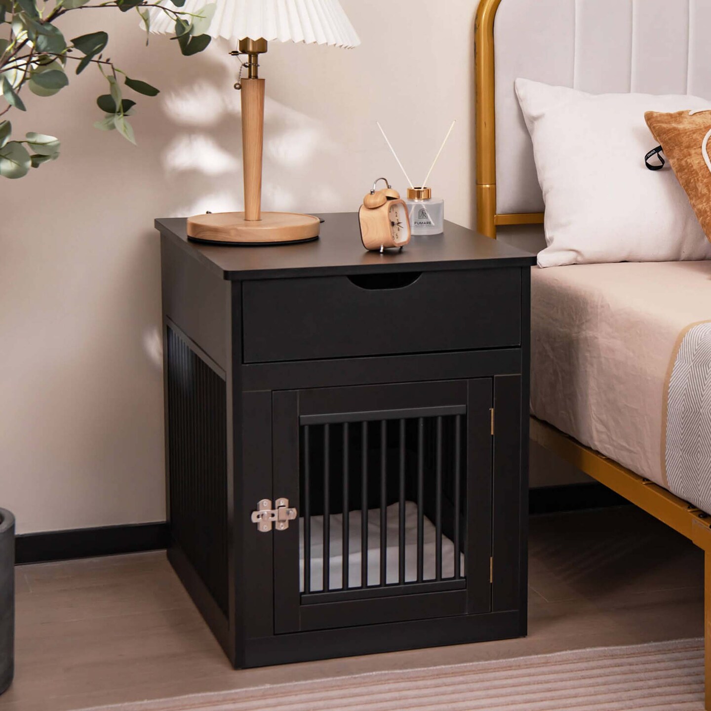 Costway 2-In-1 Furniture Dog Crate with Drawer Wired &#x26; Wireless Charging Side End Table Black/White/Rustic Brown