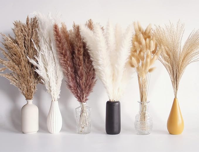 110 Piece Dried Pampas Grass Bouquet, Boho Table Decor, Bunny Tails Dried Flowers, Brown Pompas, White Pampas Grass for Wedding, Home, Rustic Party, and Baby Shower Decorations