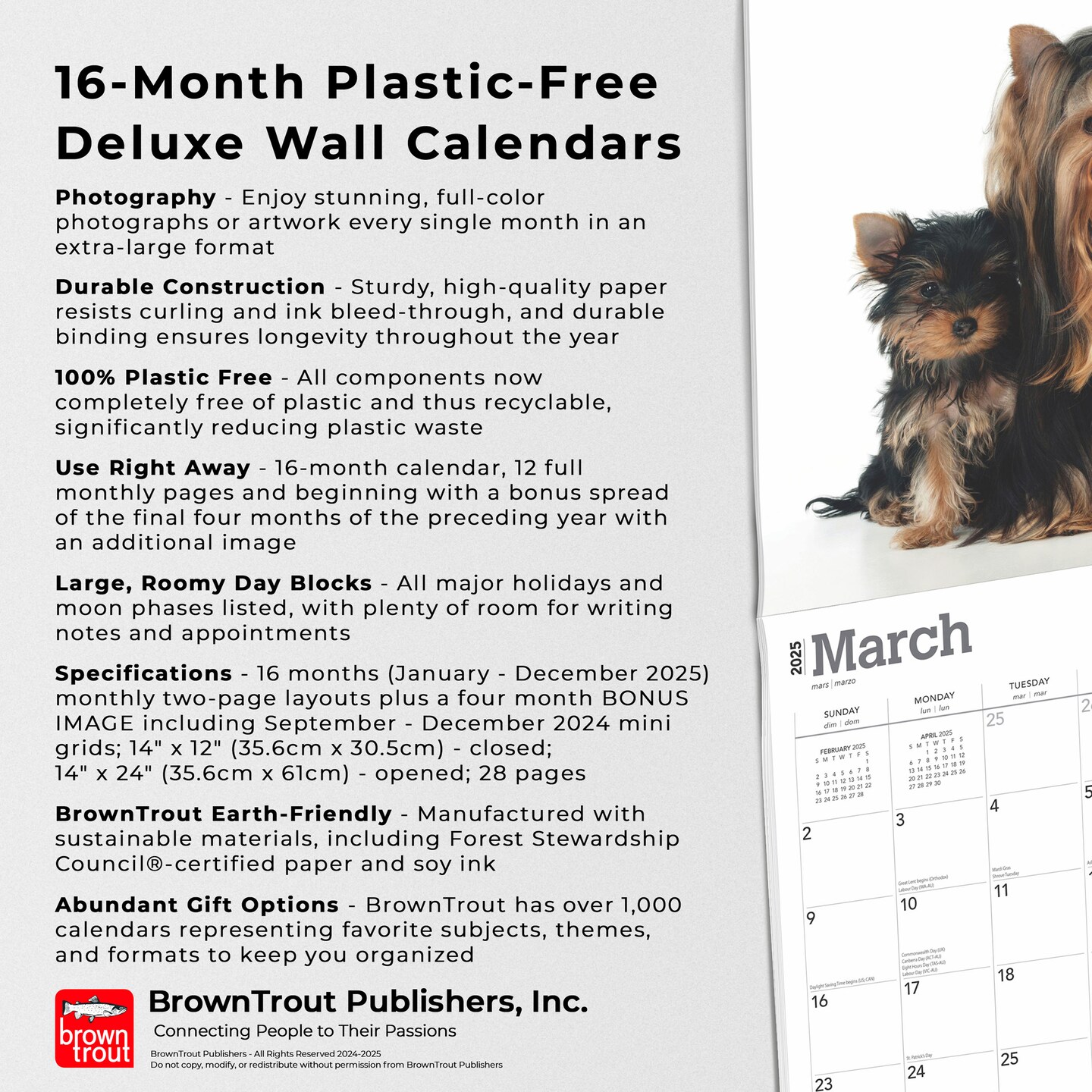 For the Love of Yorkshire Terriers | 2025 14 x 24 Inch Monthly Deluxe Wall Calendar | Foil Stamped Cover | Plastic-Free | BrownTrout | Animal Small Dog Breeds