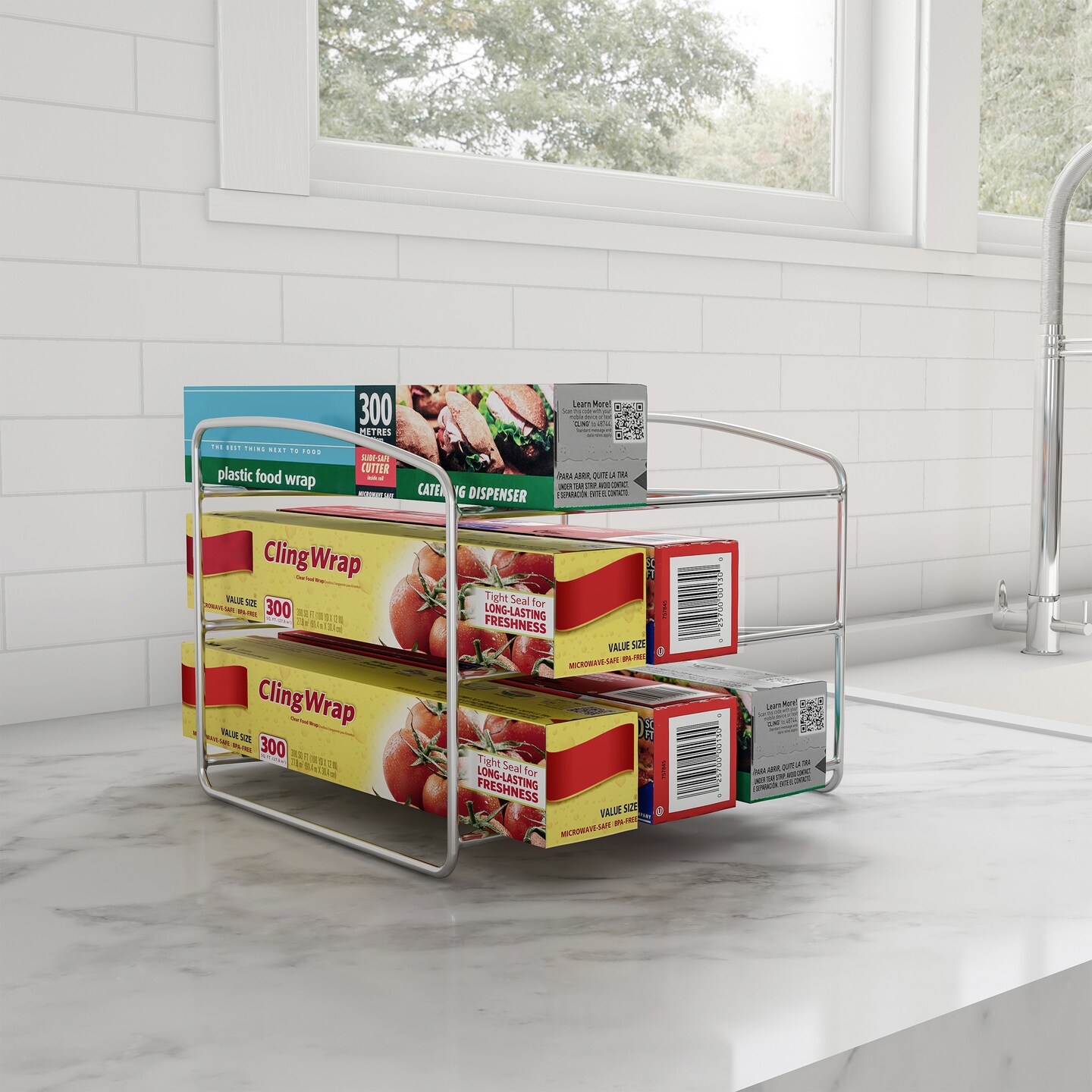 Kitchen Wrap Storage Rack 3 Tier Organizer Silver Iron For Foil Bags Parchment