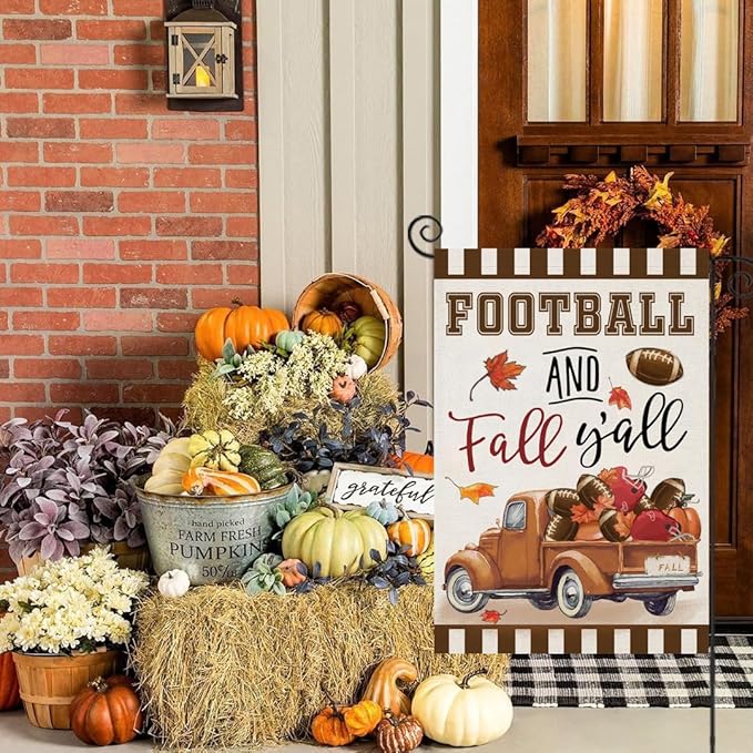 Welcome to Thanksgiving. Fall Garden Flags for Outside Decorations: FOOTBALL and Fall Y&#x27;all Truck with Maple Leaves. Small Yard Flag, Harvest Autumn Seasonal Farmhouse Holiday Outdoor Decor 12x18 inches