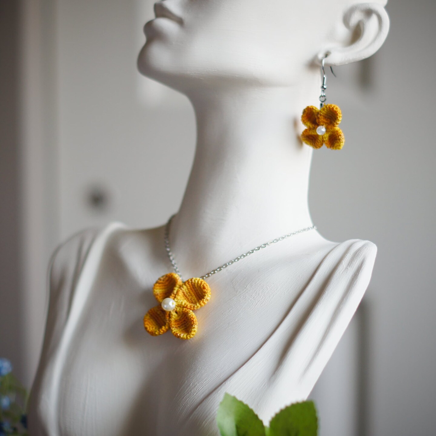 Yellow Crochet Flower Necklace and Earrings with Stainless Steel