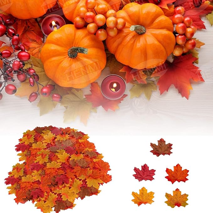 500 Pieces Artificial Maple Leaves 5 Assorted Mixed Fake Fall Maple Leaf Lifelike Looking Silk Autumn Leaf Garland for Halloween Decorations for fall parties, festivals, and Thanksgiving tables