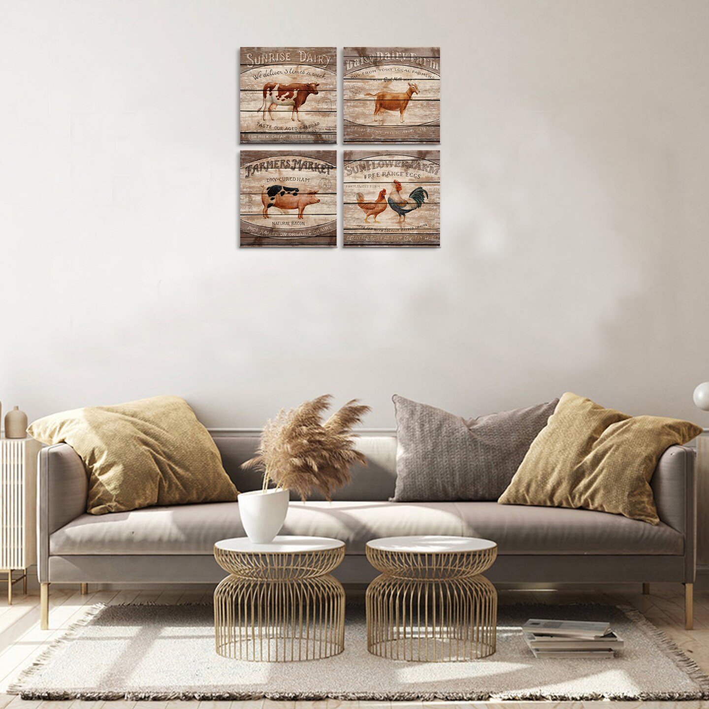 Animal Farm Canvas Wall Art - Cattle, Pig, Chickens Pictures - Retro Painting for Living Room and Dining Room Decor