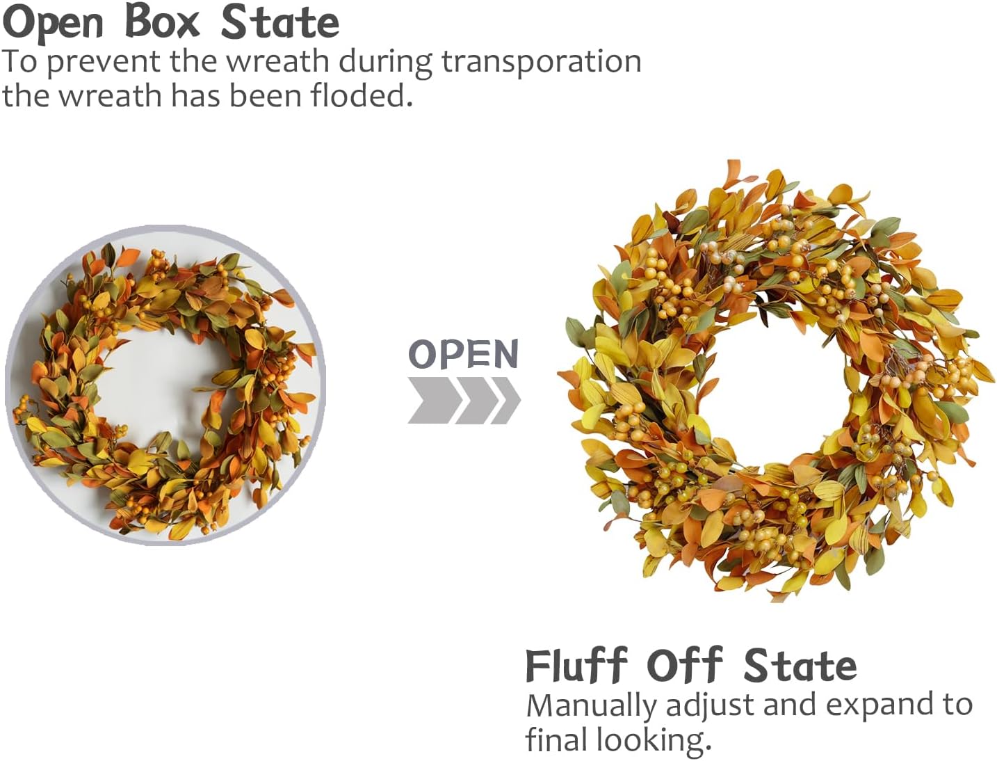 Artificial Fall Leaves Wreath 20 inch Autumn Leaves Yellow Berry Decorative Wreath for Festival Celebration for Front Door Indoor or Outdoor Wall Home Party Decor