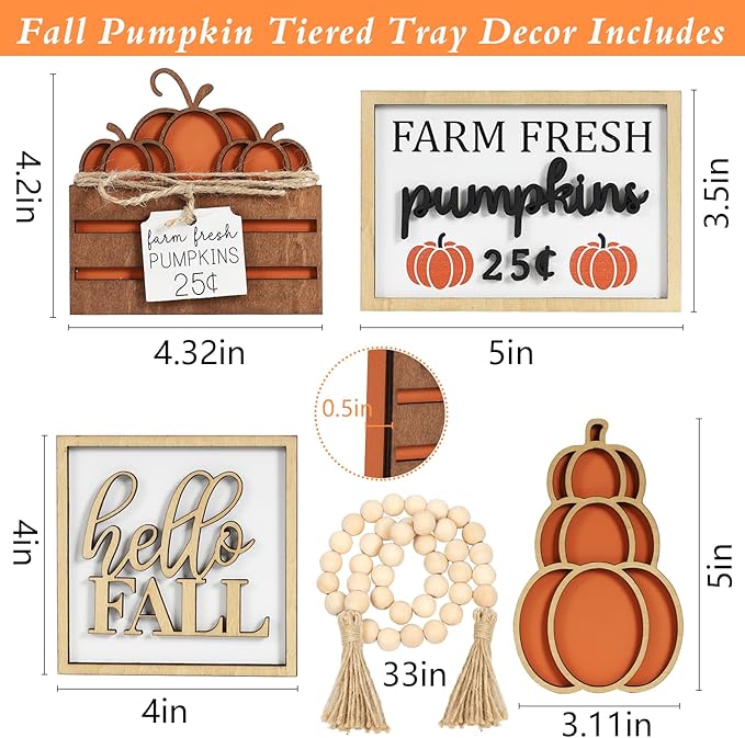 Fall Decor, 5PCS Fall Decorations for Home. Hello fall, stacked pumpkin, farm fresh, pumpkin crate, bead garland, fall tiered tray decor, rustic fall tabletop decor.