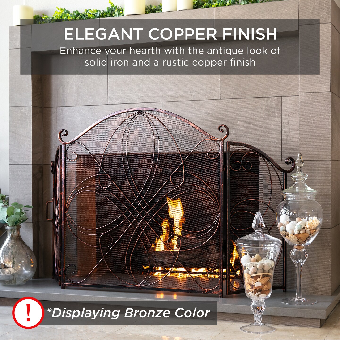 Best Choice Products 3-Panel 55x33in Wrought Iron Fireplace Safety Screen Decorative Scroll Spark Guard Cover