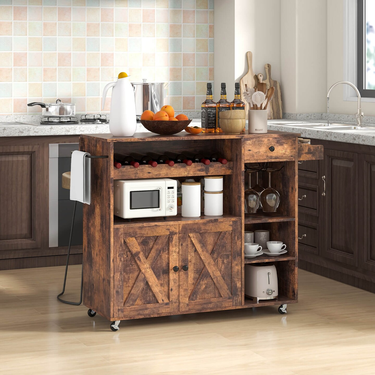 Costway Rolling Kitchen Island Cart with Drop Leaf Wine Rack Stemware Holder Rustic Brown