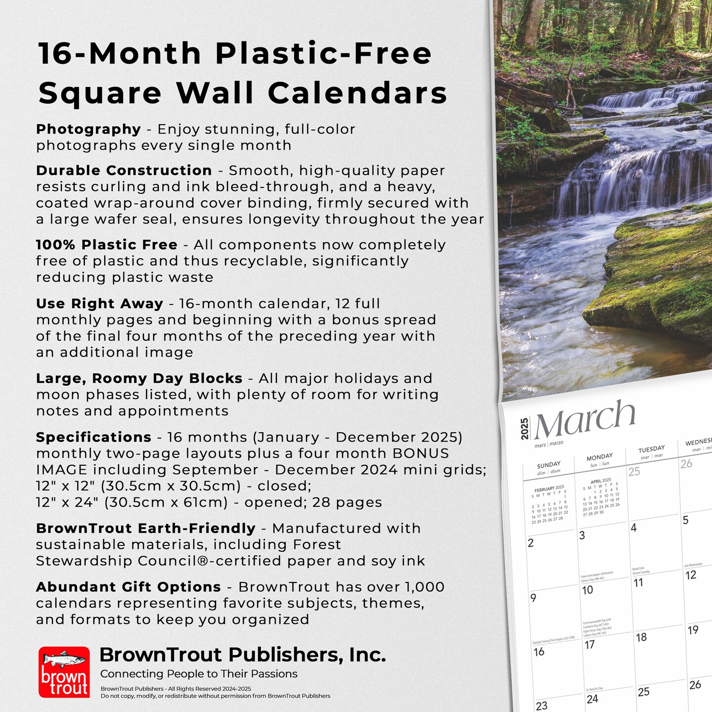 West Virginia Wild &#x26; Scenic | 2025 12 x 24 Inch Monthly Square Wall Calendar | Plastic-Free | BrownTrout | USA United States of America Southeast State Nature