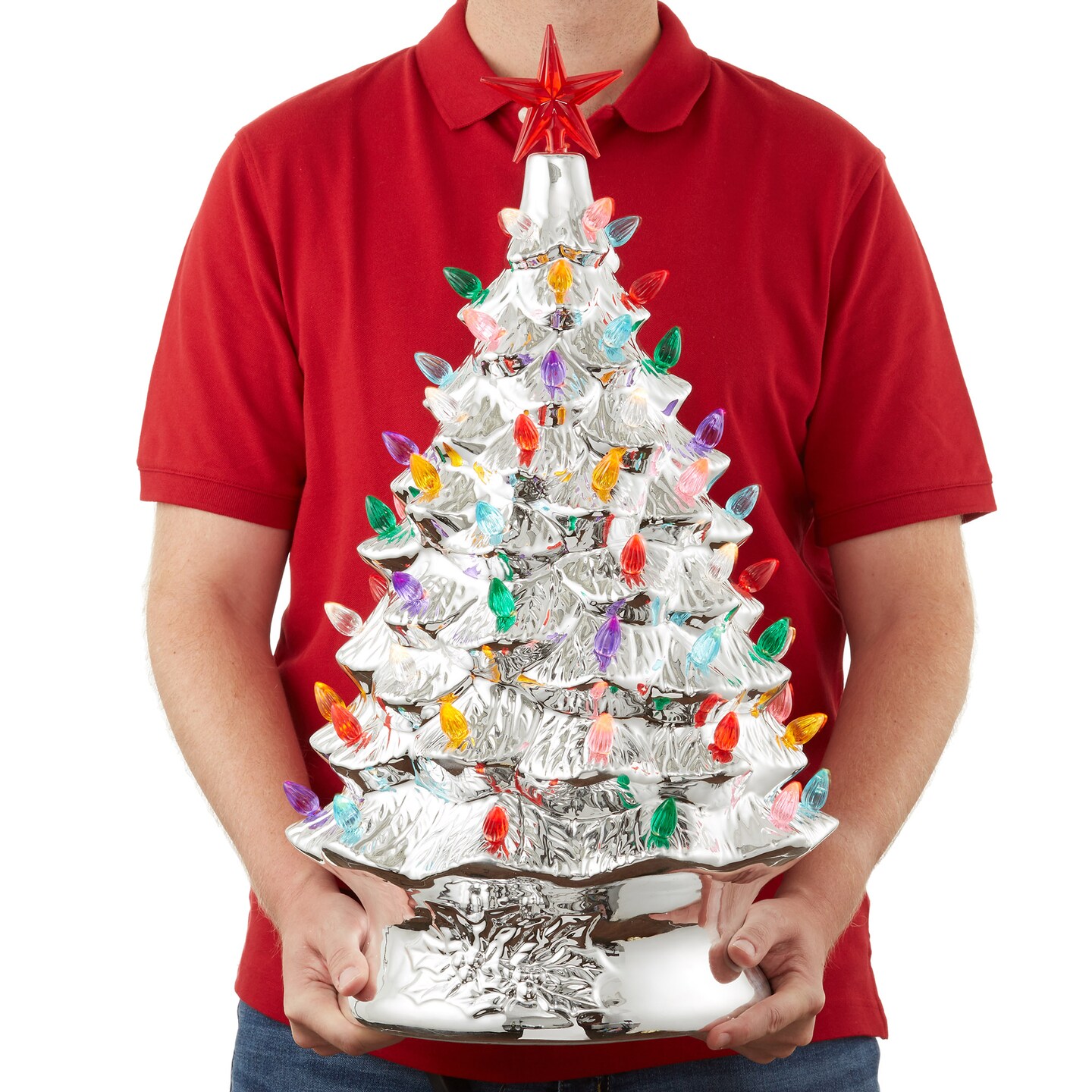 Casafield Hand Painted Ceramic Christmas Tree, 24-Inch Pre-Lit Tree with 148 Multi Color Lights and 2 Star Toppers