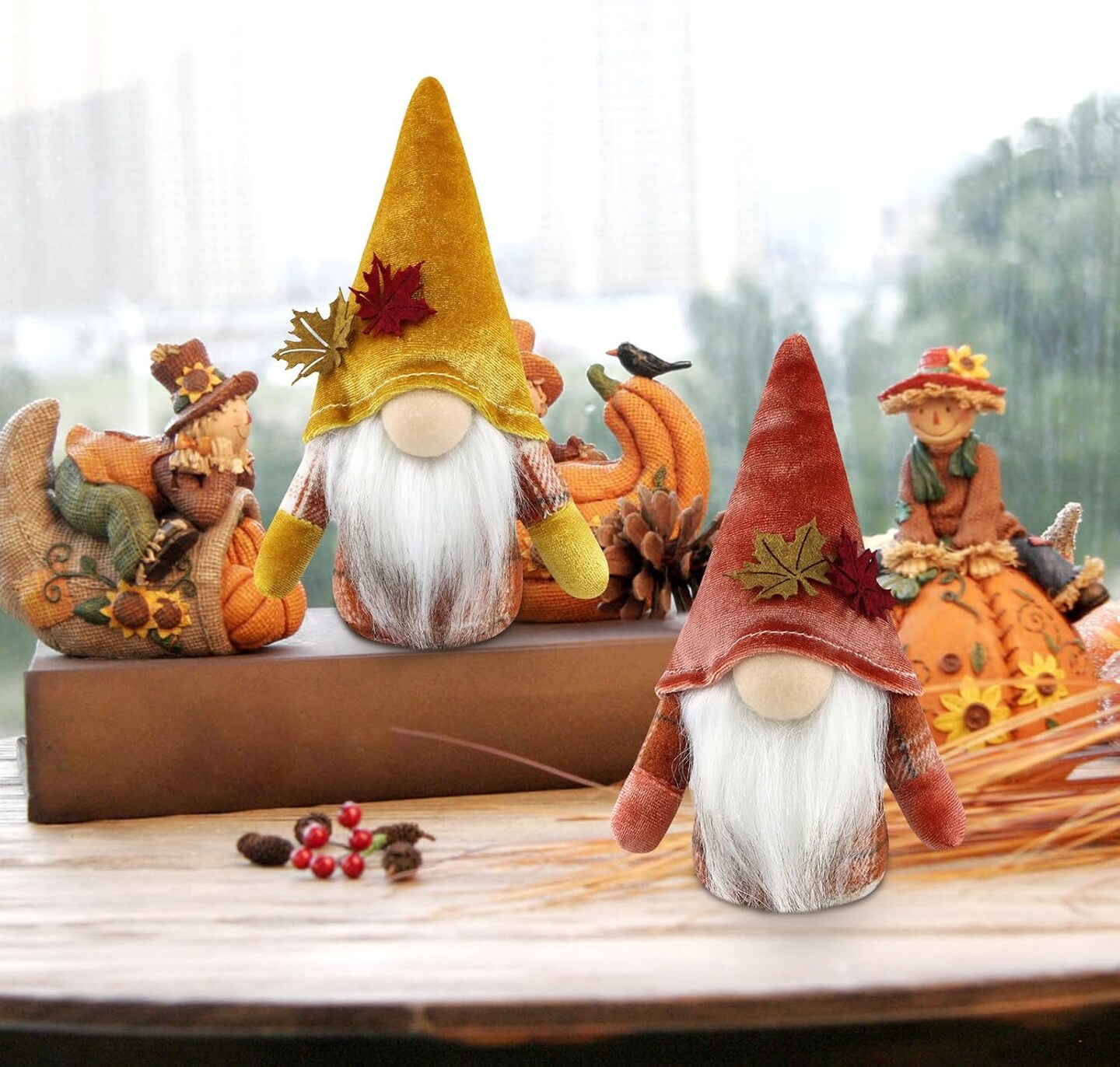 2 Pieces Thanksgiving Gnomes Plush Fall Decorations for Home Autumn Harvest Maple Leaf Handmade Tomte Ornaments Tabletop Party Figurines.