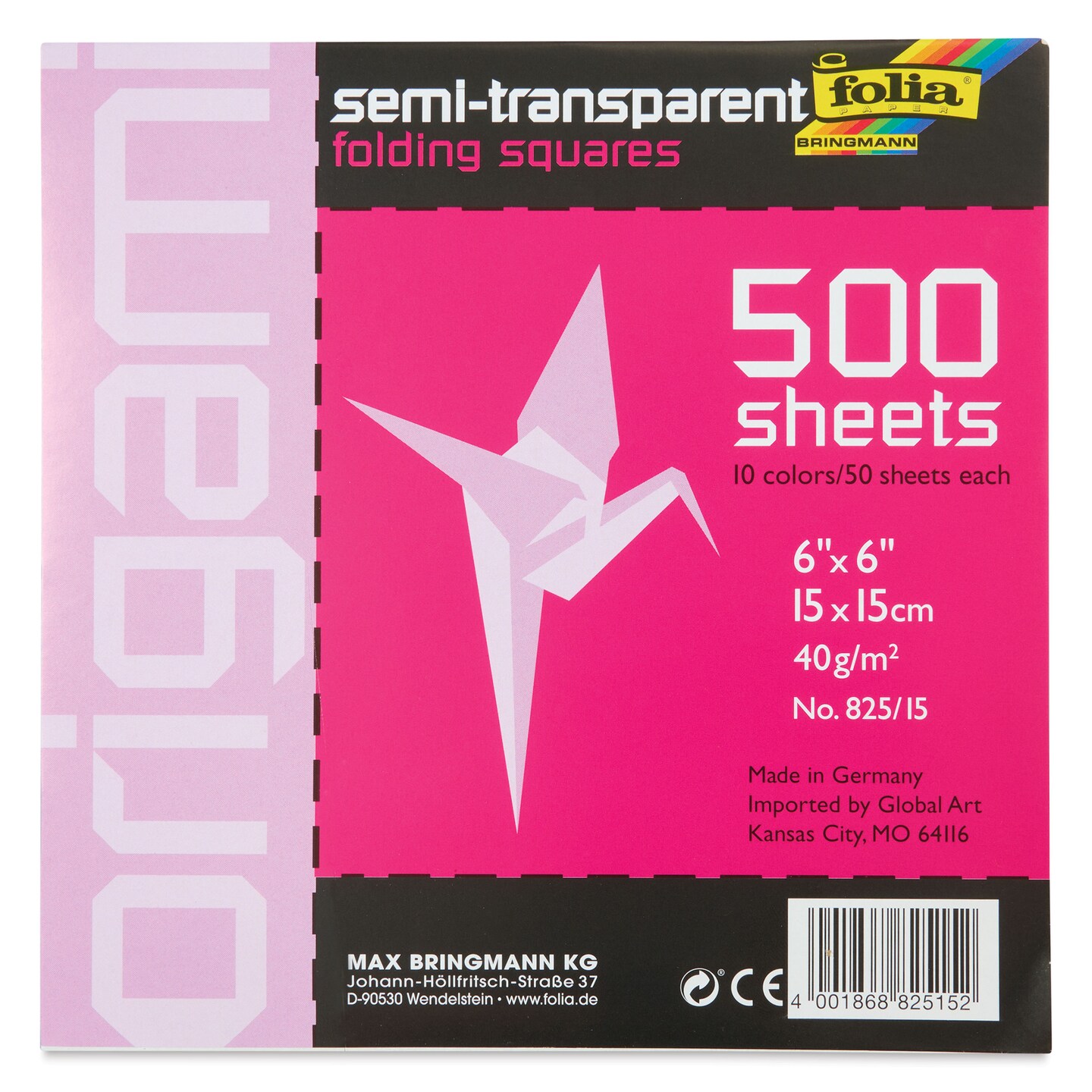 Folia Semi Transparent Origami Sheets - 6&#x22; x 6&#x22;, 500 Sheets, Assorted