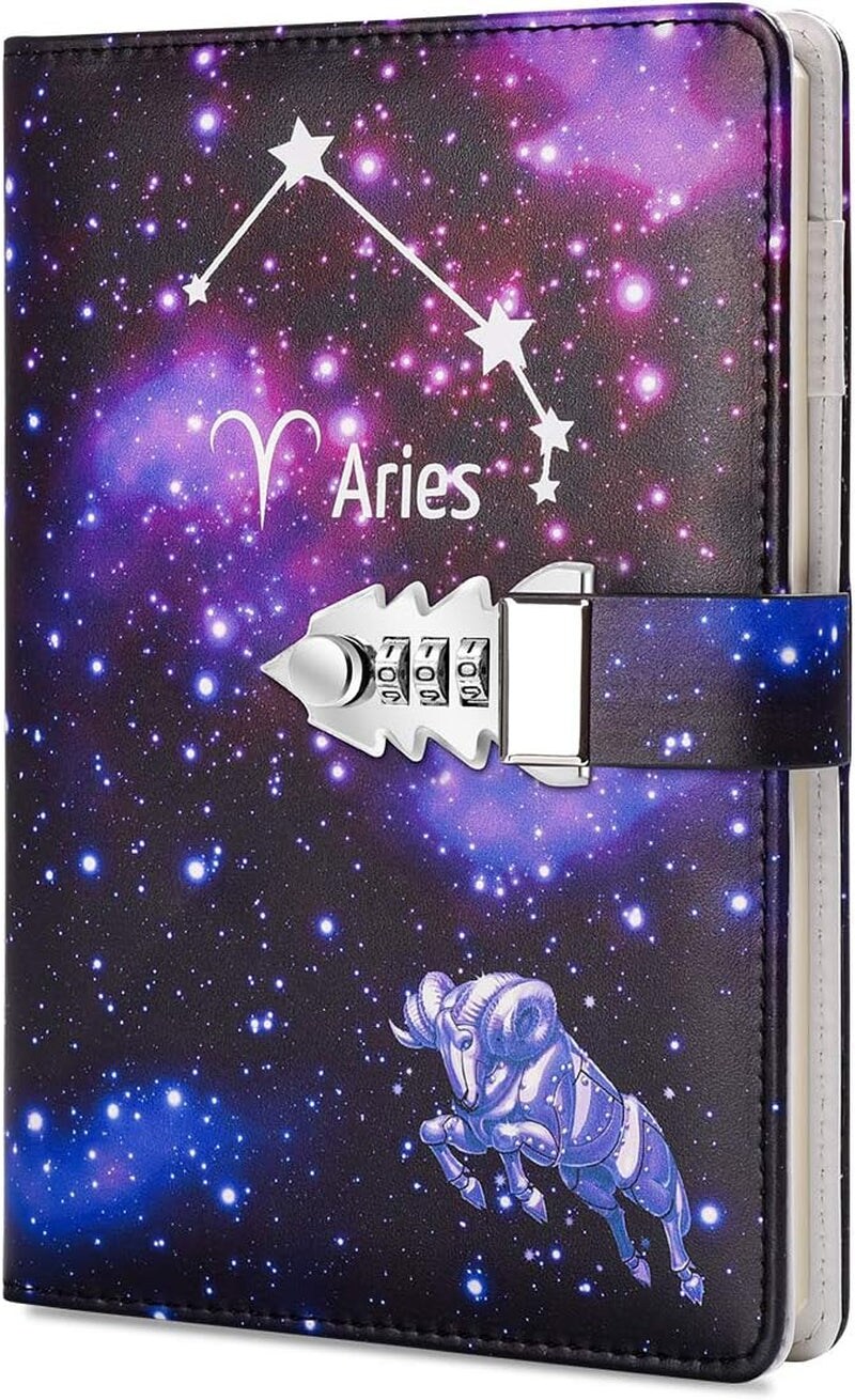 A5 Creative Password Lock Journal PU Leather Combination Lock Diary Locking Diary Notepad (Aries)