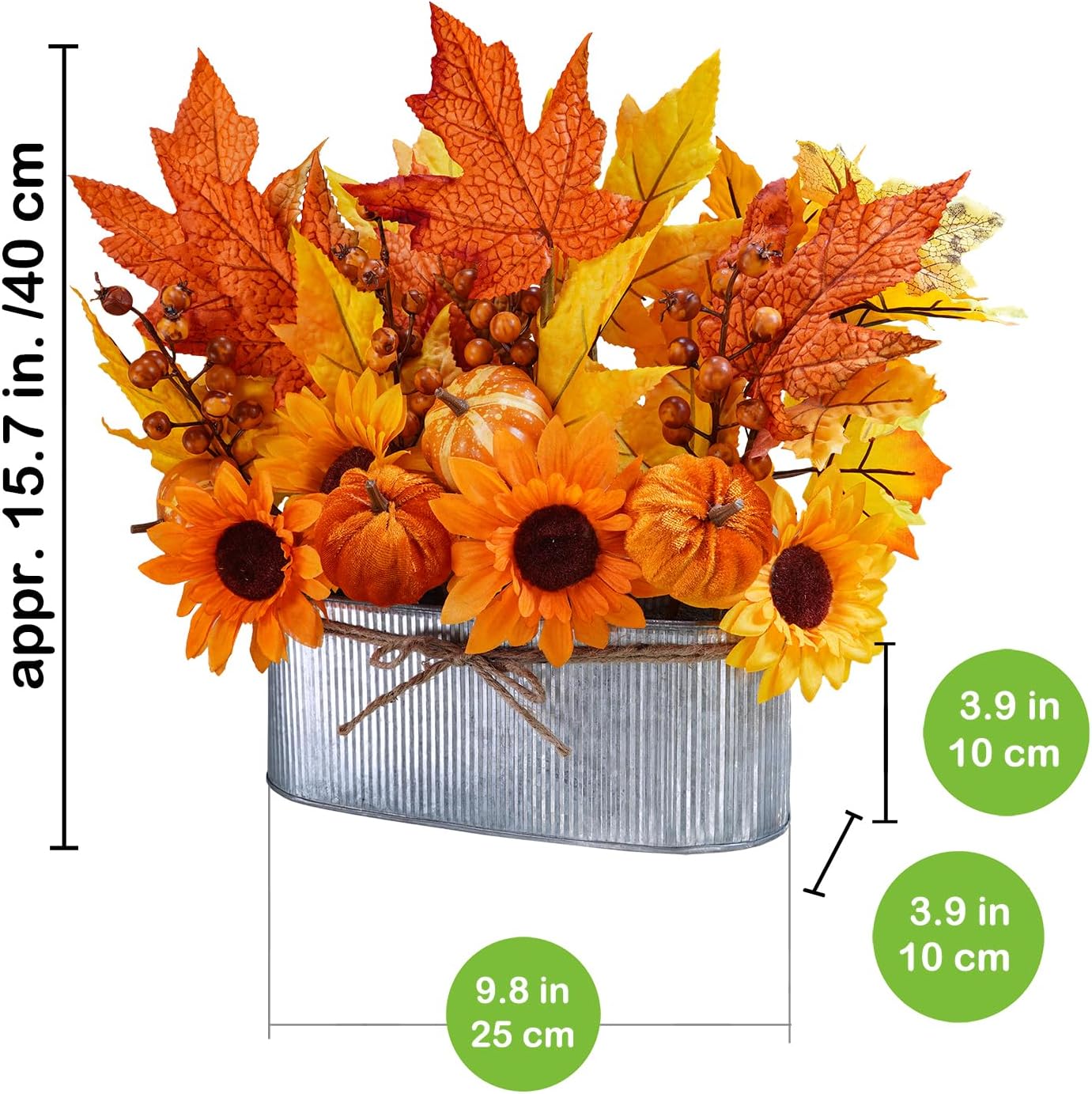 10 inch Fall Floral Arrangement in Galvanized Metal Oval Planter Artificial Autumn Harvest Maple Leaf Floral Stems Faux Potted Plants Table Centerpiece for Farmhouse Wedding Home Mantel D&#xE9;cor