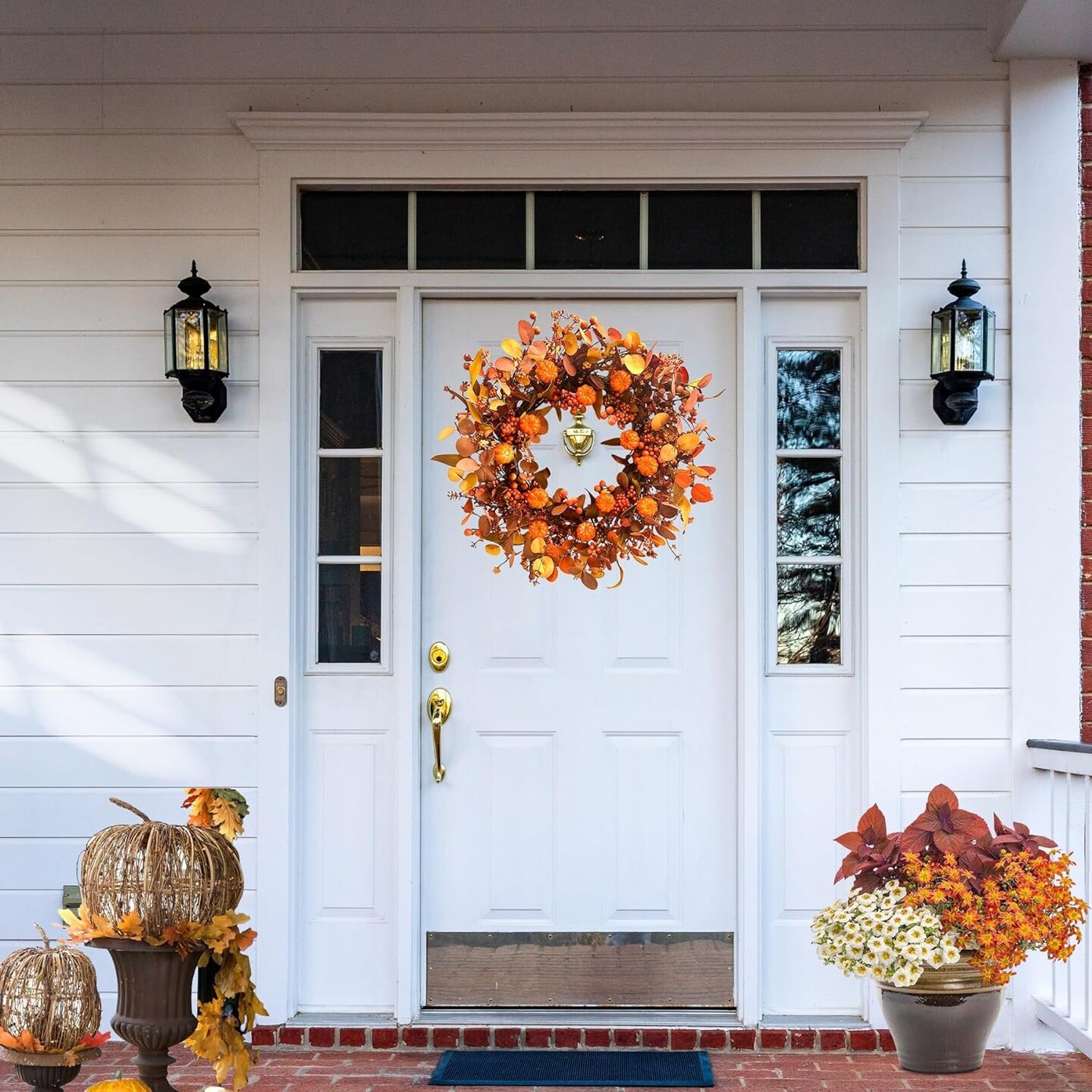 22 Inch Fall Wreath Artificial Pumpkin Wreaths for Front Door Autumn Door Wreath with Orange Eucalyptus Leaves Berries for Turkey Day Harvest Festival Indoor Outdoor Celebration