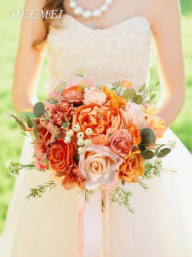 Artificial Fall Flowers Burnt Orange Combo Box Set Rose Silk Mix Peony Artificial Flowers with Stems for DIY Bridal Wedding Bouquets Centerpieces Baby Shower Party Home Decorations